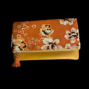 Rachel Pally Faux Leather & Floral Canvas Fabric Fold Over Clutch Orange Golden